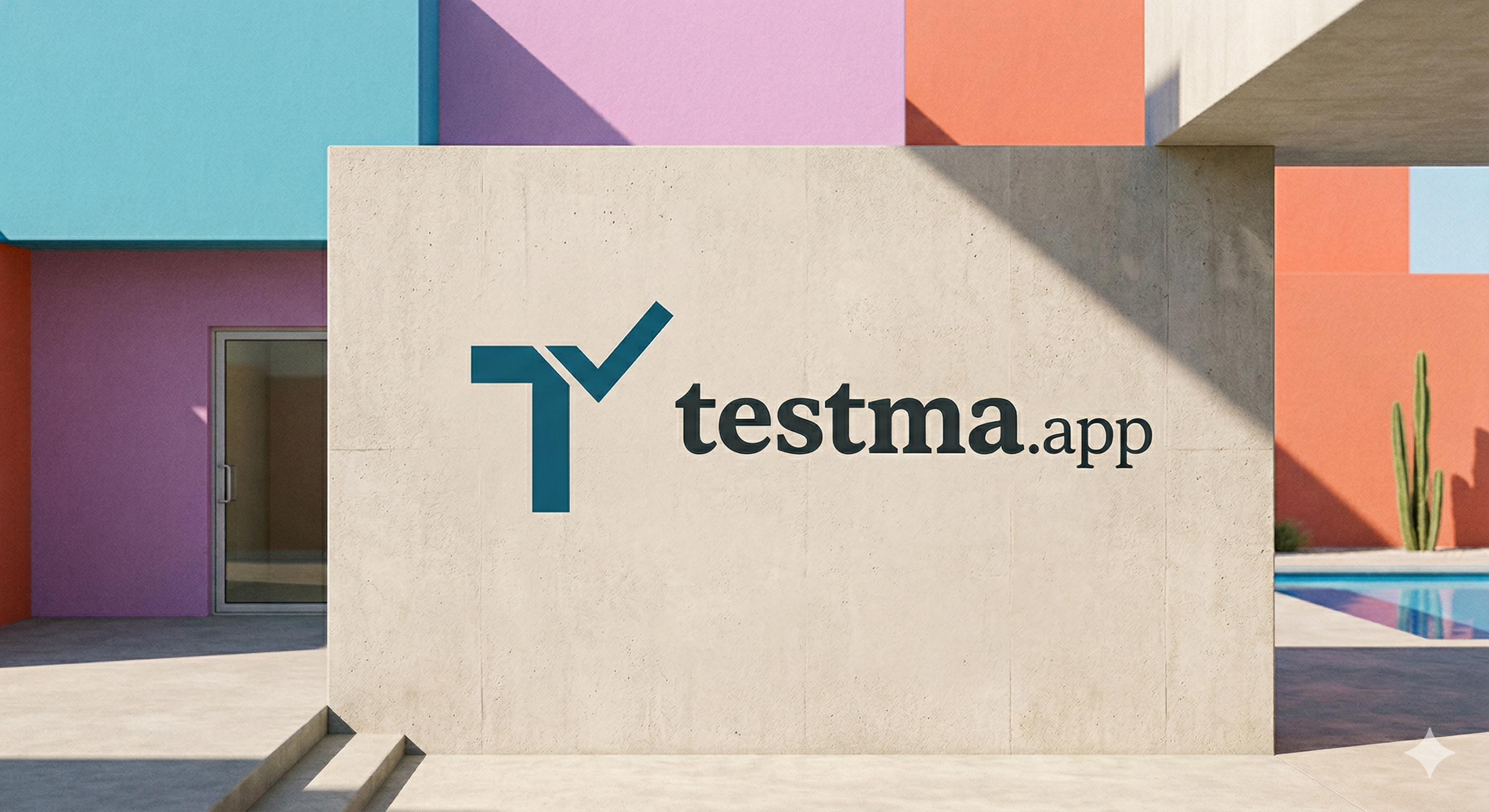 Logo Testma sobre muro en edificio colorido